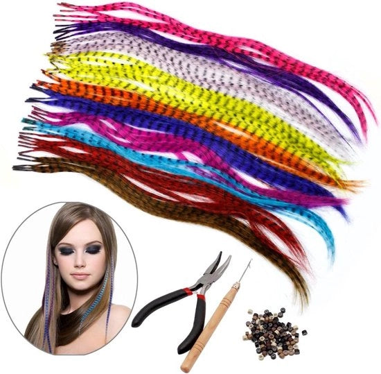 Set di estensioni capillari premium con 52 piume sintetiche, 100 perle, forcipe e gancio