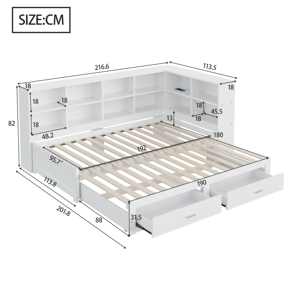 Letto singolo estraibile in legno con contenitore e prese, bianco 90/180x190 cm