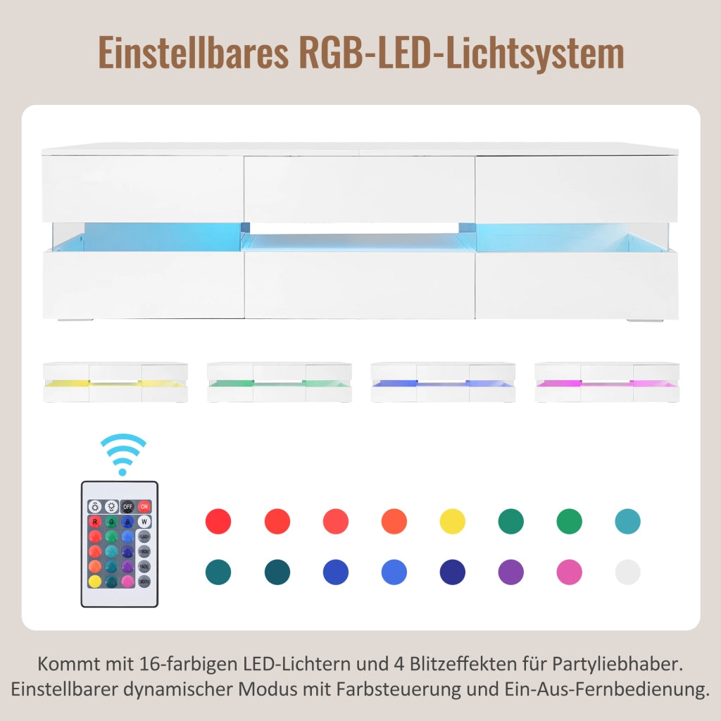 Mobile porta TV con LED 2 ante 1 cassetto e vano aperto per soggiorno in truciolare bianco lucido 160 × 39 × 45 cm