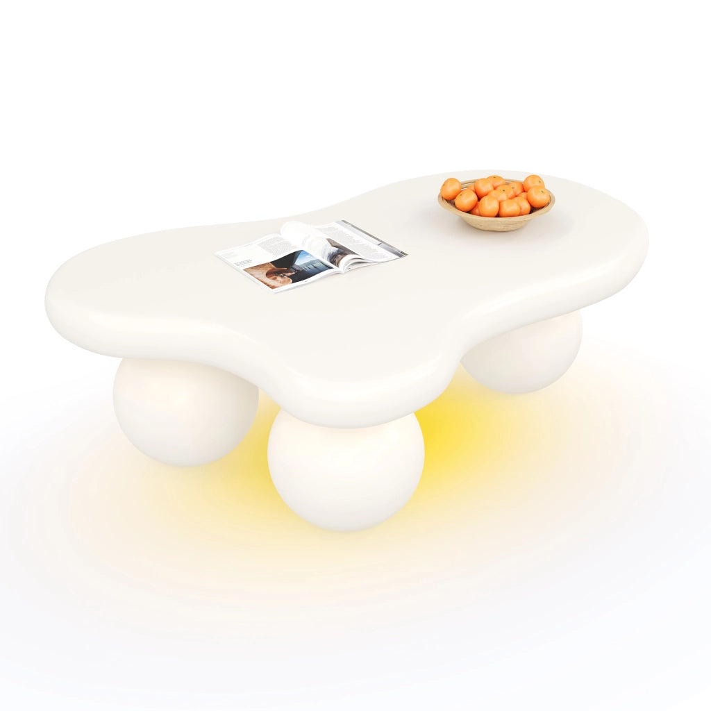 Tavolino da caffè 95x62.5x32 cm; luce LED a 16 colori; design a nuvola; MDF bianco