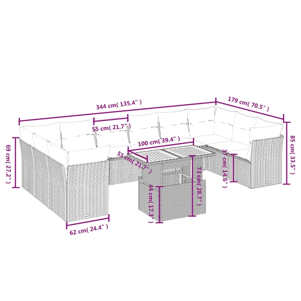 Set Divani da Giardino 11 pz con Cuscini in Polyrattan Grigio
