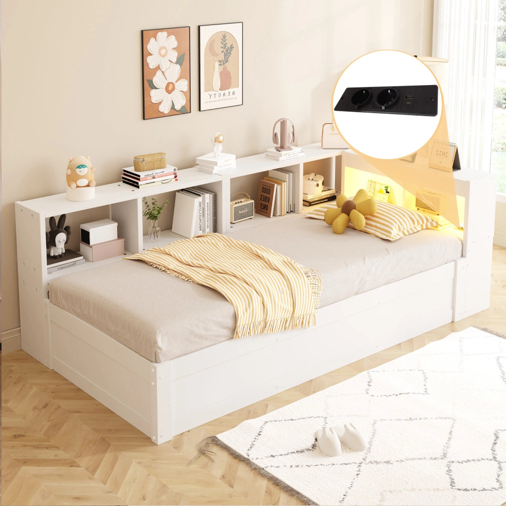 Letto singolo 90×200 cm con presa multifunzione; LED; contenitori e sollevamento idraulico; senza materasso; MDF; bianco