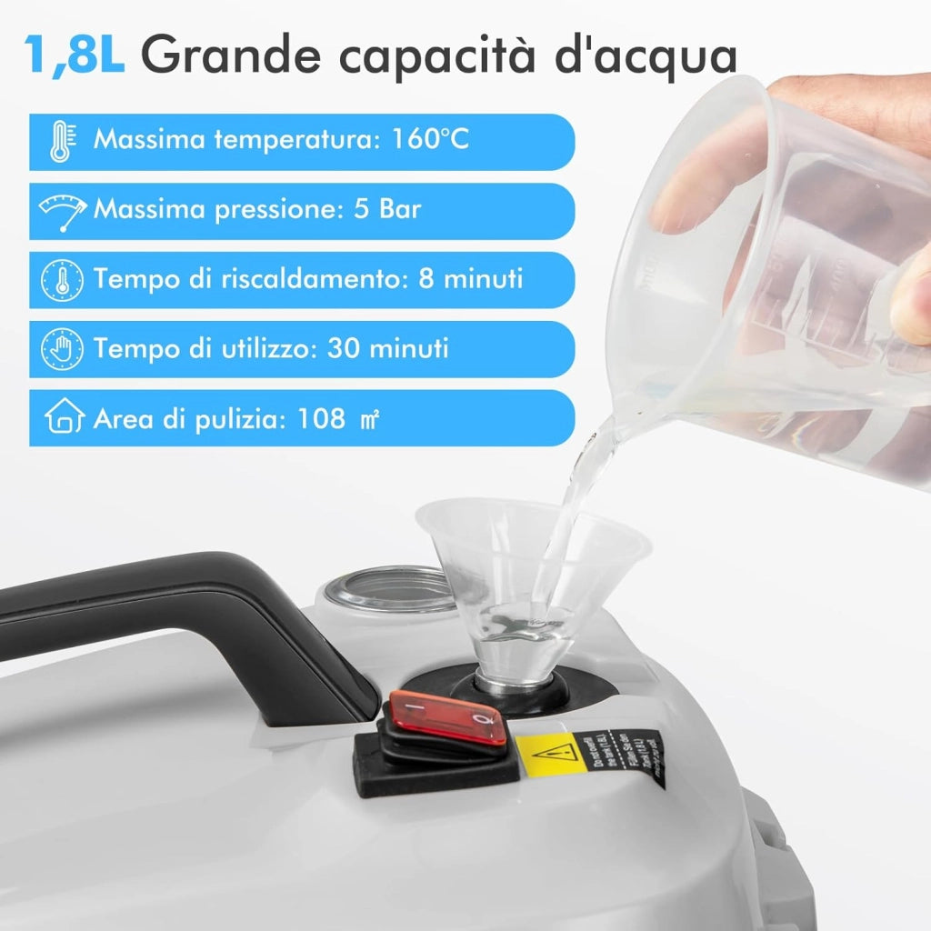 2000W Pulitore a Vapore, Macchina per Pulizia Rotante con 13 Accessori, Capacità d'Acqua di 1,8L, Macchina a Vapore Multiuso per Tappeti Finestre Vetri e Tende (Bianco)