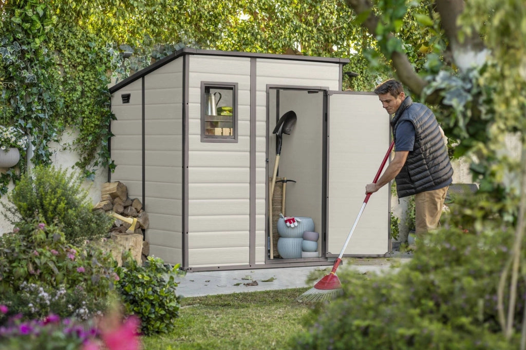 Casetta da giardino Cranbrook, Capanno da esterno, Rimessa da giardino, Ripostiglio per attrezzi, 184x185 h200 cm, Beige