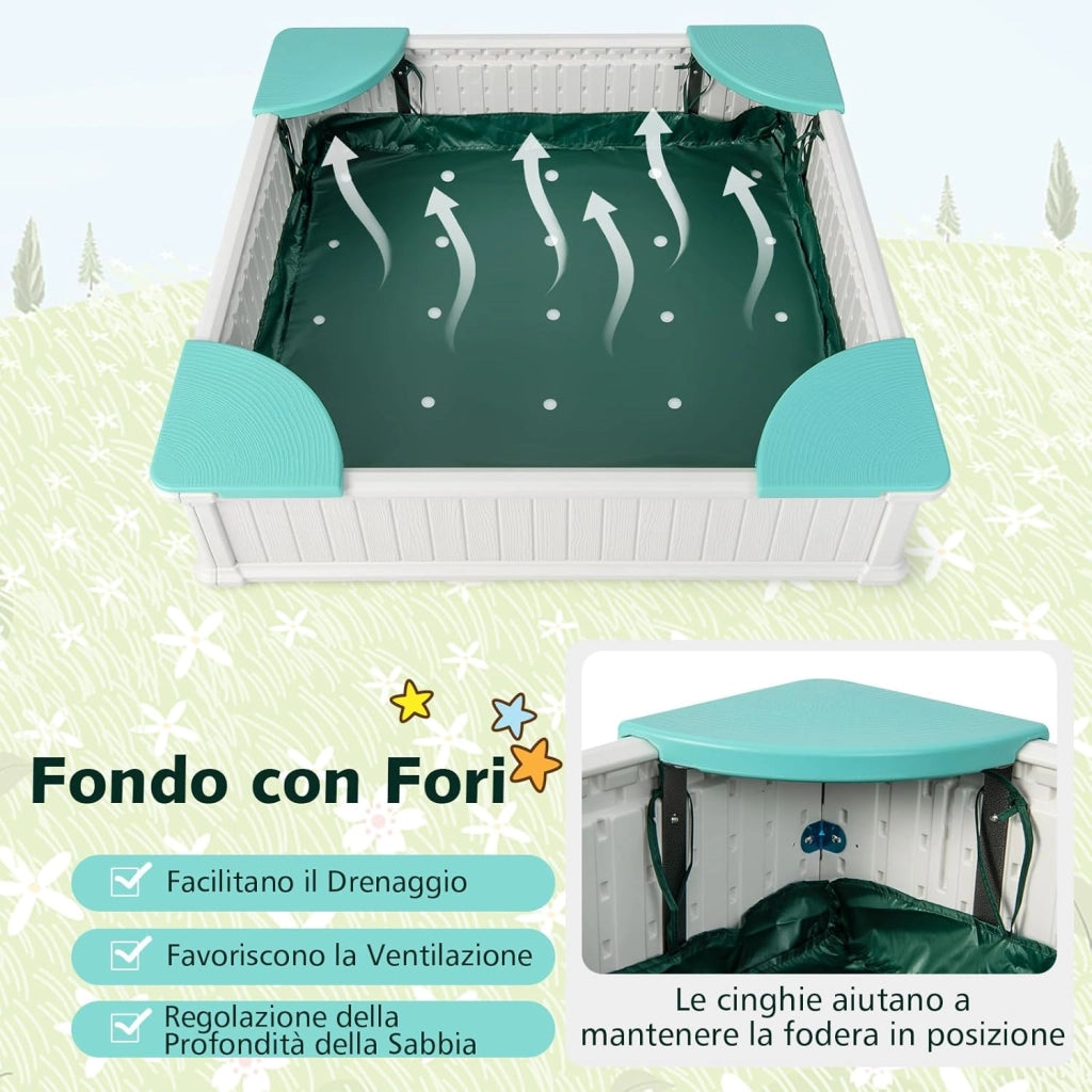 Sabbiera per Bambini, Sabbiera da Cortile con 4 Sedute Angolari e Copertura in Oxford, per Cortile Spiaggia Prato, 123,5 x 123,5 x 31,5 cm (Verde+Bianco)