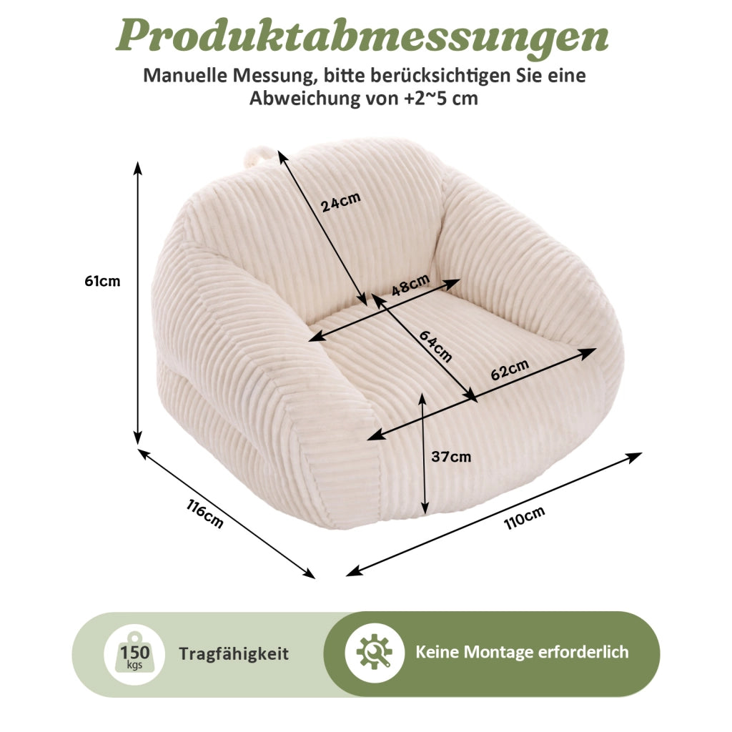 Pouf per adulti in velluto a coste con schienale ergonomico, morbido e versatile per salotto e camera da letto beige