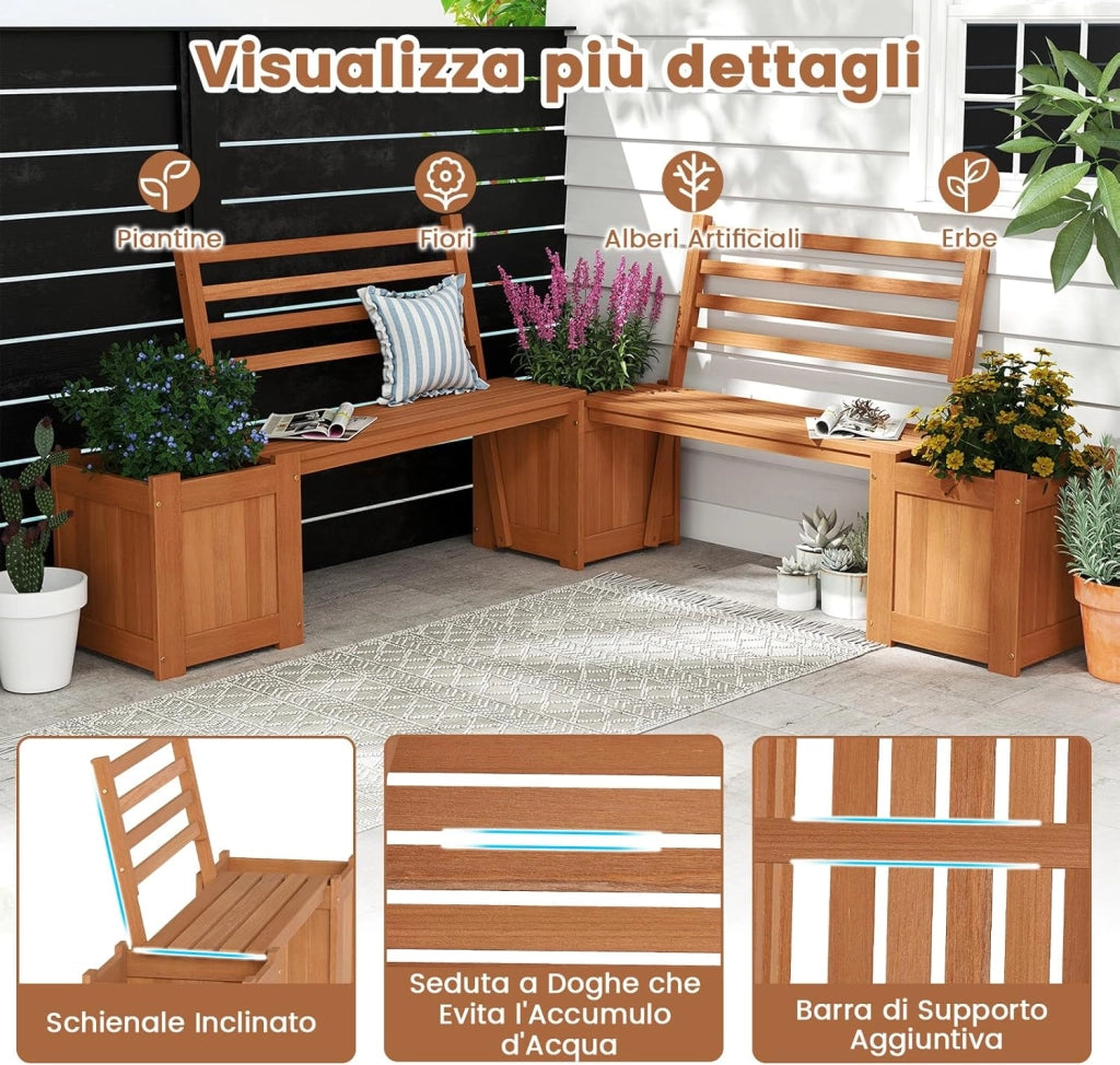 Fioriera da Esterno in Legno con Panca, Panchina da Giardino con 2 Fioriere, Schienale, Base Aperta e Finitura ad Olio di Teak, Contenitore Decorativo per Piante da Cortile e Balcone