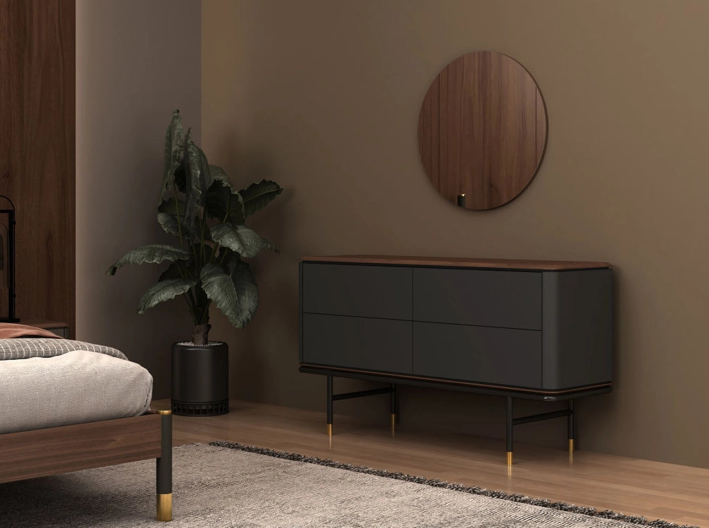 Cassettiera in legno grigio scuro opaco, acciaio nero e piano in noce