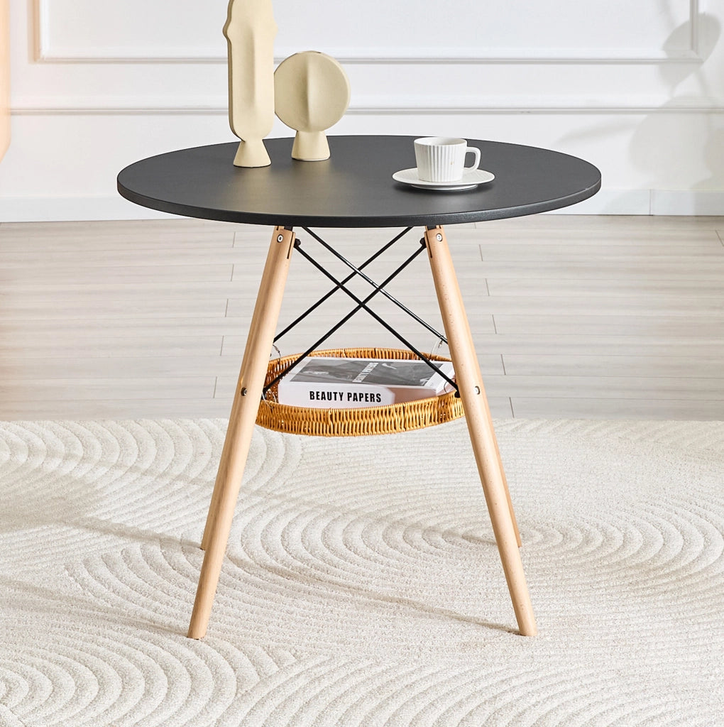 Tavolo da pranzo rotondo ?80 cm in MDF nero e legno massello con cestino intrecciato