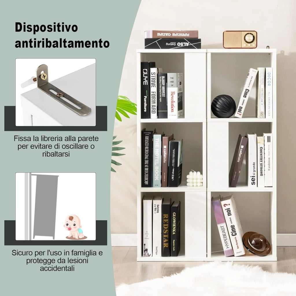 Libreria in Legno a 3 Livelli, Scaffale Espositivo con 6 Scomparti, Scaffale Multifunzionale per Soggiorno Studio Ufficio, 33x33x100,5cm (Bianco)