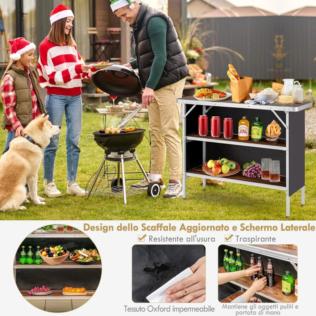 Cucina da Campeggio Pieghevole con Telaio in Alluminio, Mobile da Campeggio con 3 Ripiani e Borsa per Trasporto, Cucina da Esterno per Attività all'Aperto, Picnic e Barbecue (Nero)