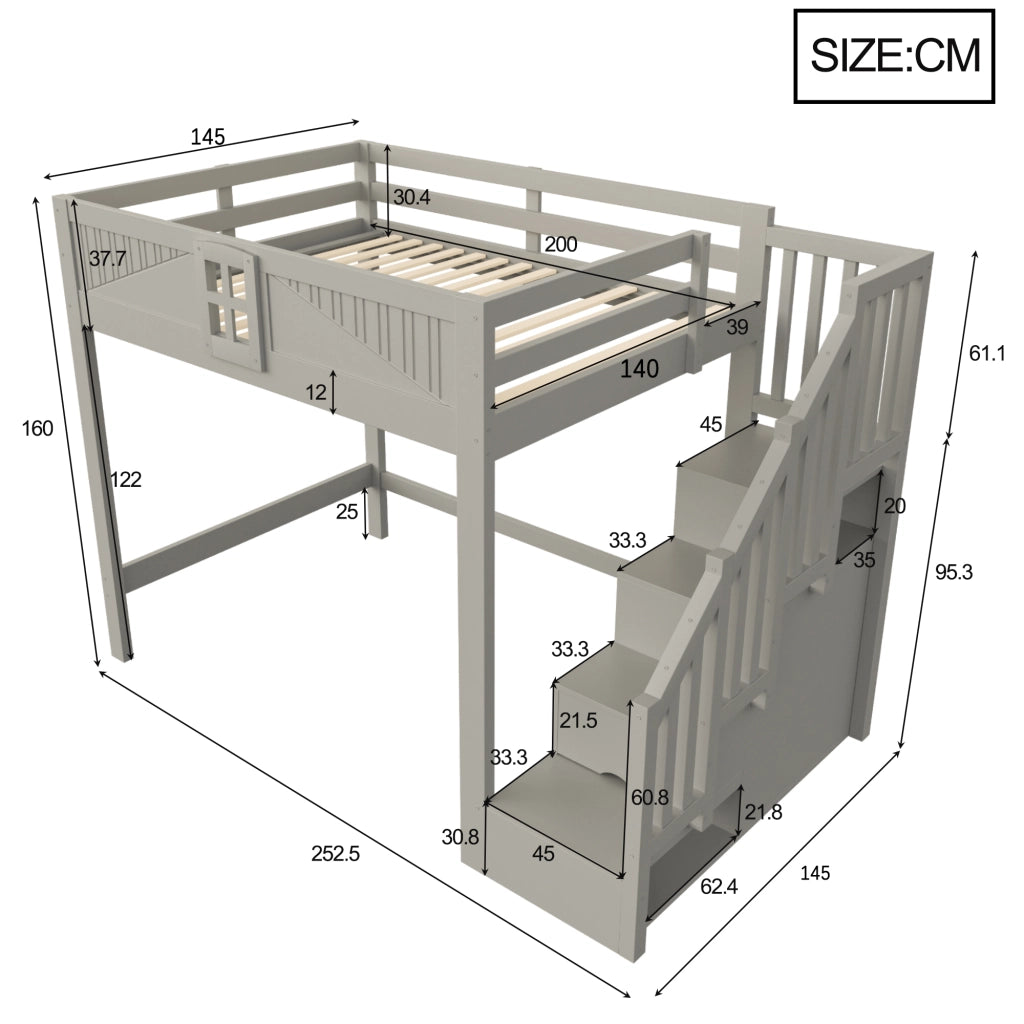 Letto a soppalco 140x200 cm con parapetto a finestra e scala contenitore reversibile; legno massello grigio