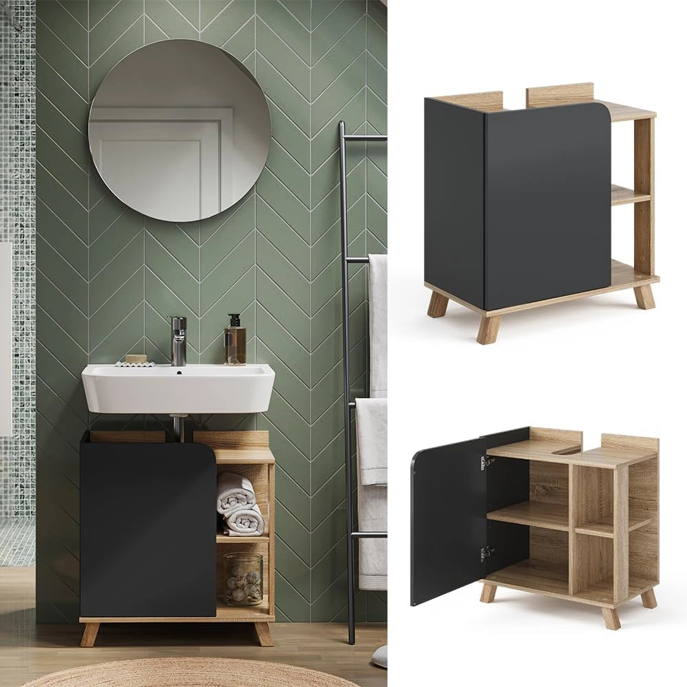 Mobiletto per lavabo Karen, Sonoma/antracite, 60 x 65 cm con porta e vani aperti, con ritaglio per sifone per il montaggio sotto il lavabo