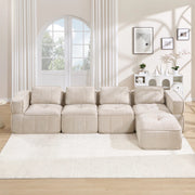 Divano modulare angolare con pouf; seduta profonda in schiuma 32D; beige