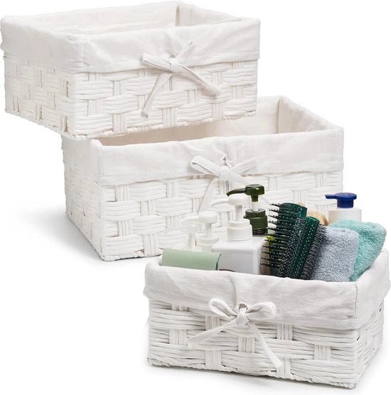 Cestino in tessuto per raccogliere carta con imbottitura in stoffa - Cestini in vimini manufatti a mano in forma rettangolare - Ideale per nursery, arredo domestico, bagno - Set di 3 misure - Bianco .