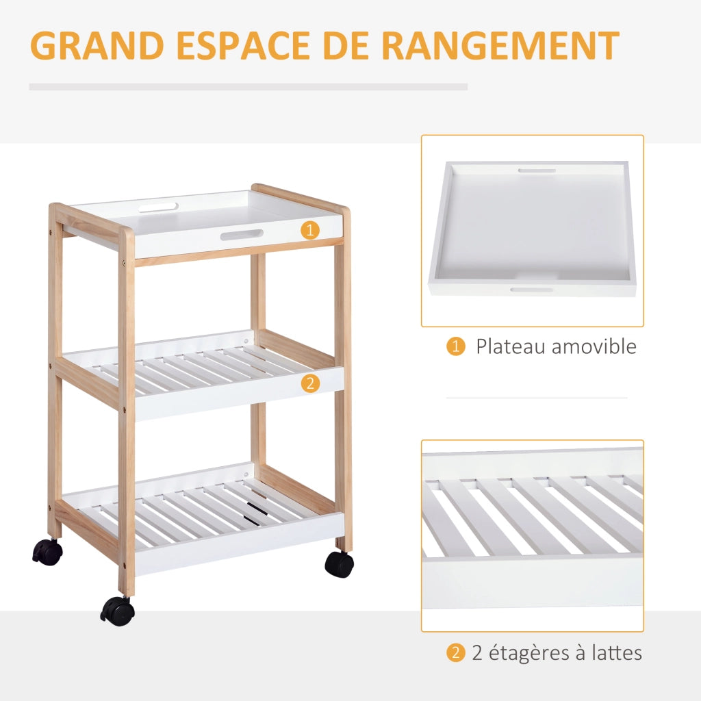 Carrello da cucina con ruote 2 ripiani + piano amovibile ¨C zephmum ¨C bianco MDF