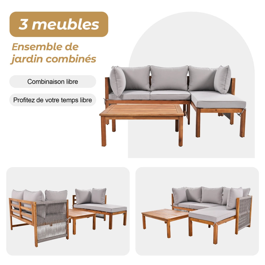 Salotto da Giardino con 2 Divani 2 Posti e 1 Tavolino; Braccioli in Corda Intrecciata; per Terrazza; Legno e Ferro; Grigio