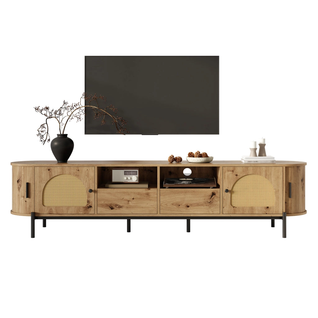 Mobile TV Ovale con Ante Scorrevoli in Rattan e Cassetto ¨C MINIMAL ¨C Legno e Metallo