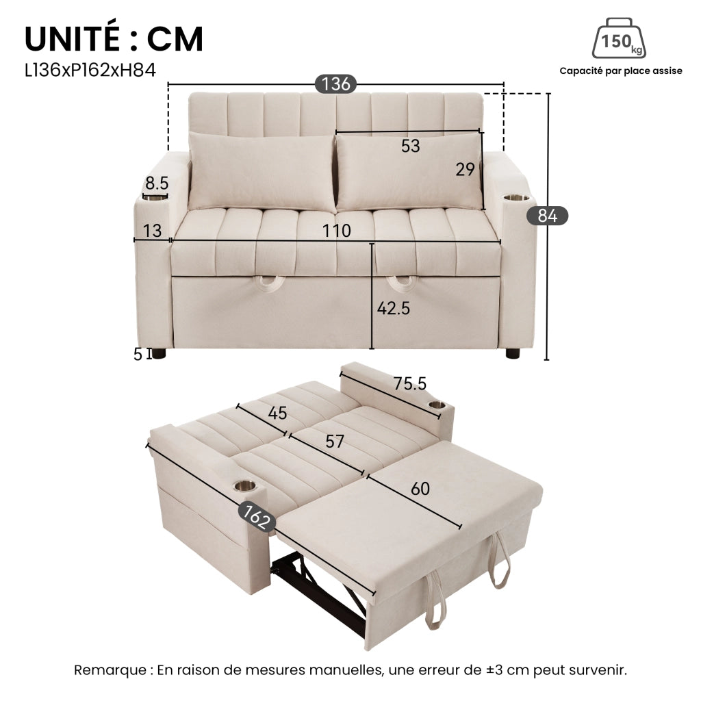OKWISH Divano Letto 2 Posti, Schienale Regolabile con Portabicchieri e Tasche Laterali, Lino Cotone, Beige