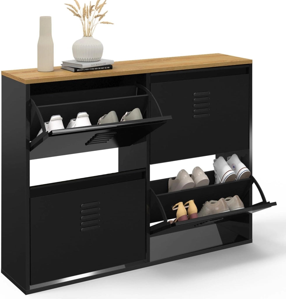 ESTER zapatero de metal negro de 4 puertas para 20 pares con tapa de madera de diseño industrial