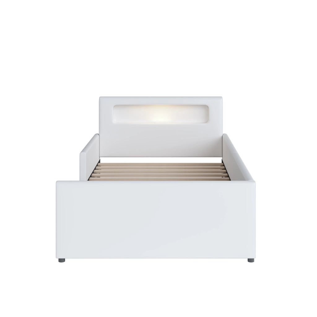 Letto imbottito per bambini 90x200 cm con luce LED; porta USB e cassetti; bianco