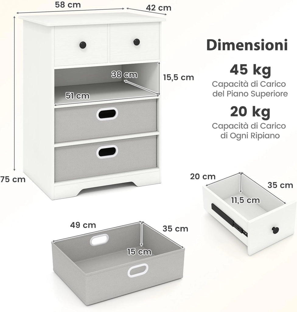 Comodino Camera da Letto 58 x 42 x 75 cm, Cassettiera Salvaspazio con 4 Cassetti e Ripiano Aperto, Tavolino Moderno da Letto per Soggiorno e Ingresso