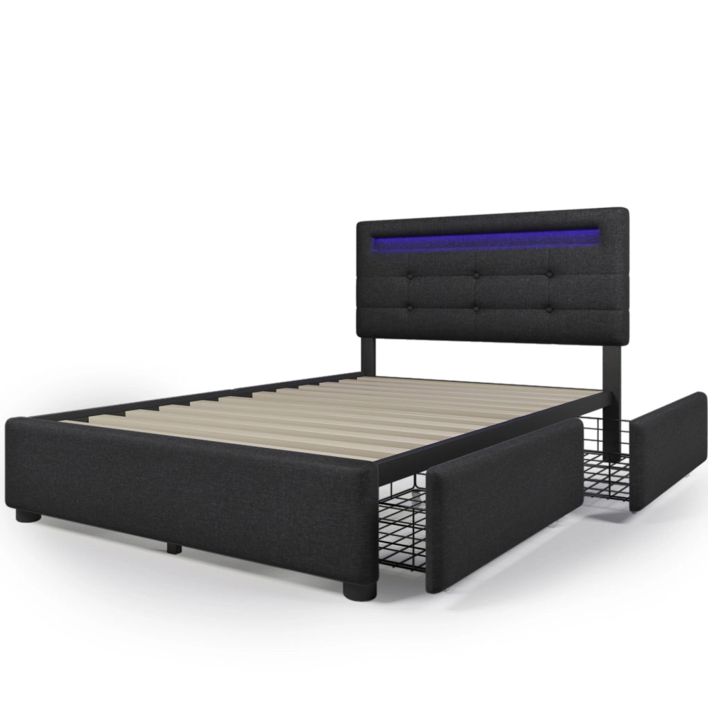 Letto singolo con LED; 2 cassetti e materasso molle 90x200 cm in lino nero
