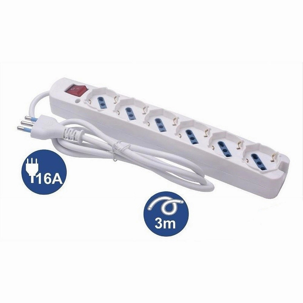 Trade Shop - Multipresa 6 Uscite Universali Spina 16a Cavo 3mt Bianco Con Interruttore 80191n -