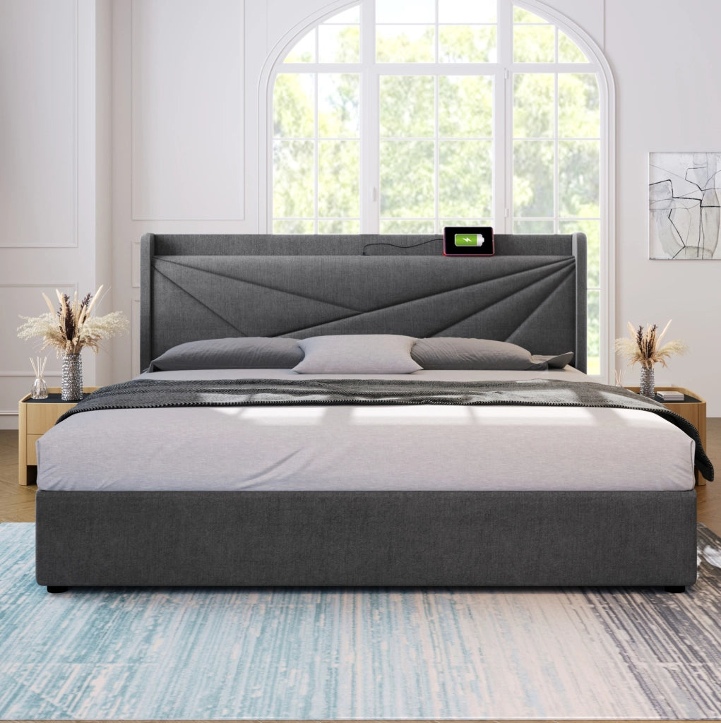 Letto matrimoniale 160x200 grigio con contenitore, USB-C e materasso