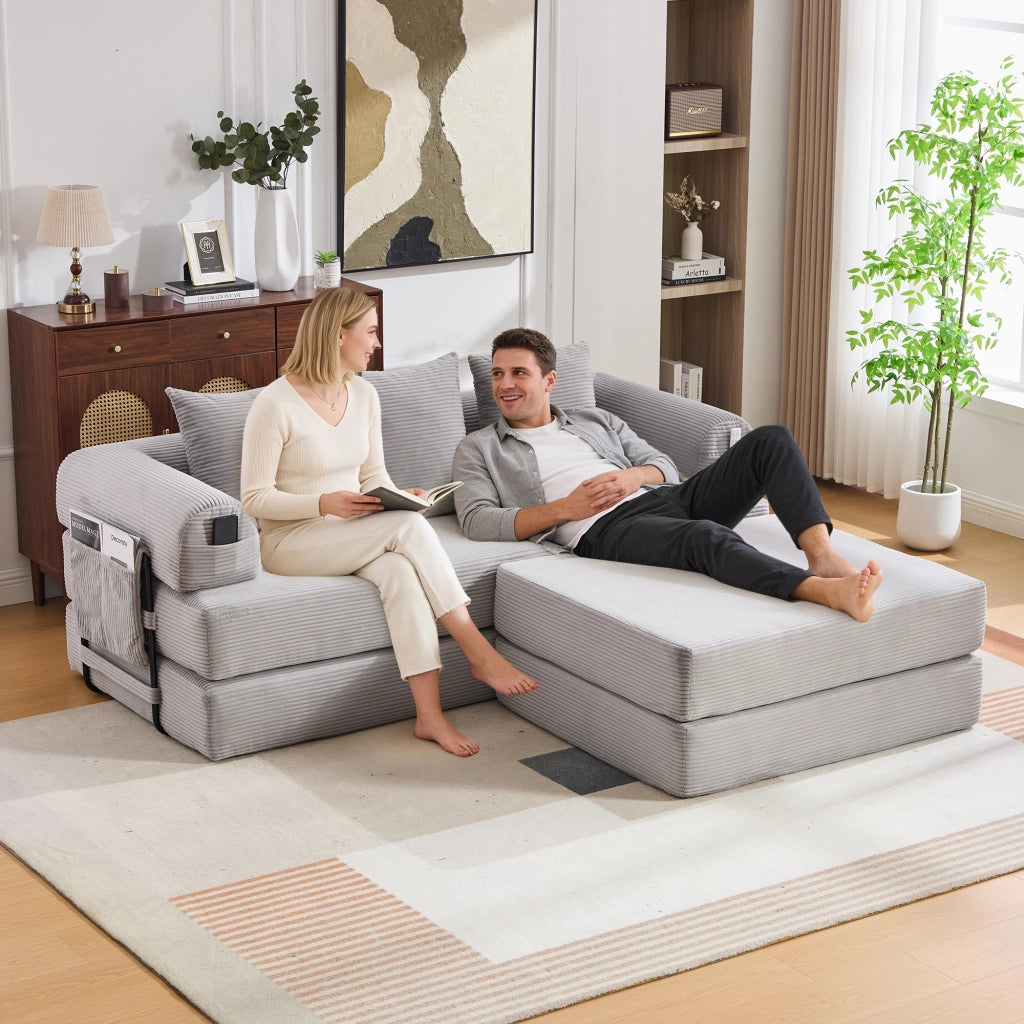 Divano Modulare con Pouf ¨C MINIMAL ¨C Grigio Chiaro, Tessuto Cord, Cuscini