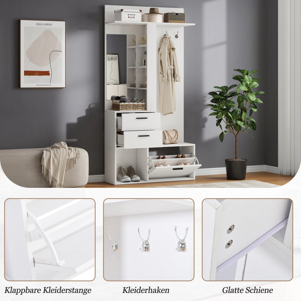 Mobile da ingresso con specchio a figura intera, 2 cassetti, scarpiera ribaltabile e 3 ganci, in MDF, bianco 90 × 30 × 180 cm