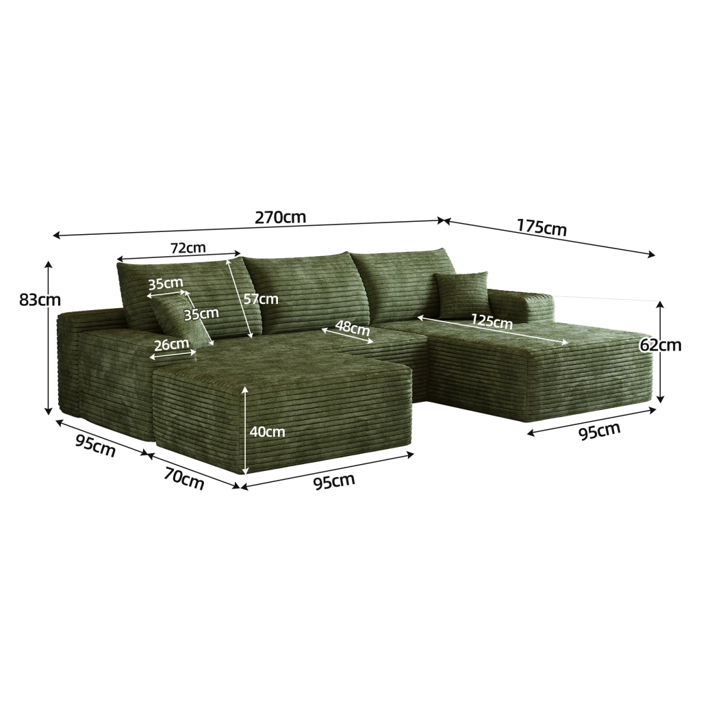 Divano angolare modulare con chaise longue a L e seduta profonda, senza attrezzi, in tessuto a coste verde