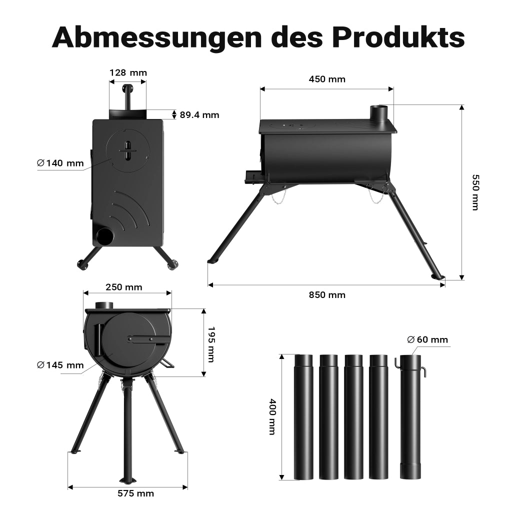 Stufa a legna da campeggio in acciaio (Q235), robusta stufa da tenda 85 x 57,5 x 238 cm, stufetta portatile, riscaldamento da tenda