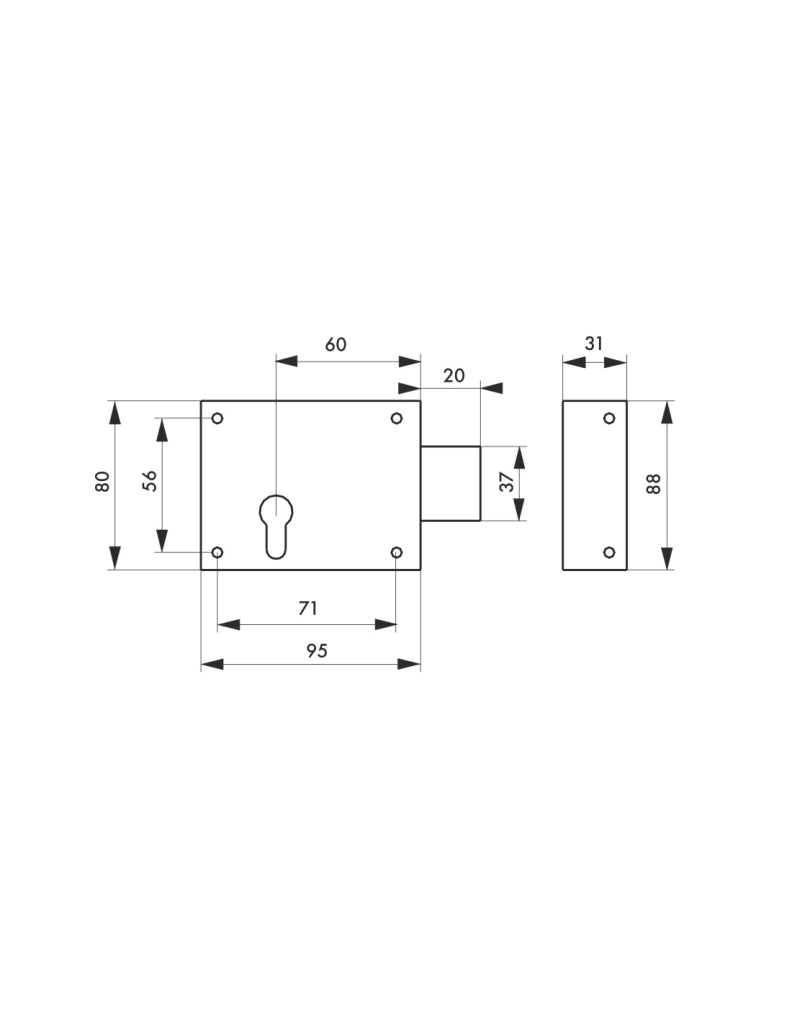 Cassa serratura CP zincata 95 x 80 mm, senza incontro – THIRARD