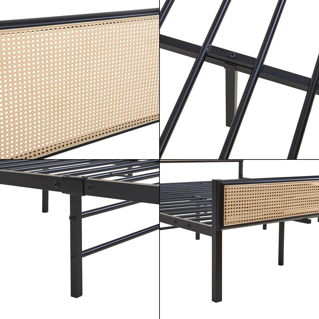 Letto Matrimoniale Linköping in Metallo Nero con Testiera e Pediera Effetto Rattan 180x200 cm [en.casa]