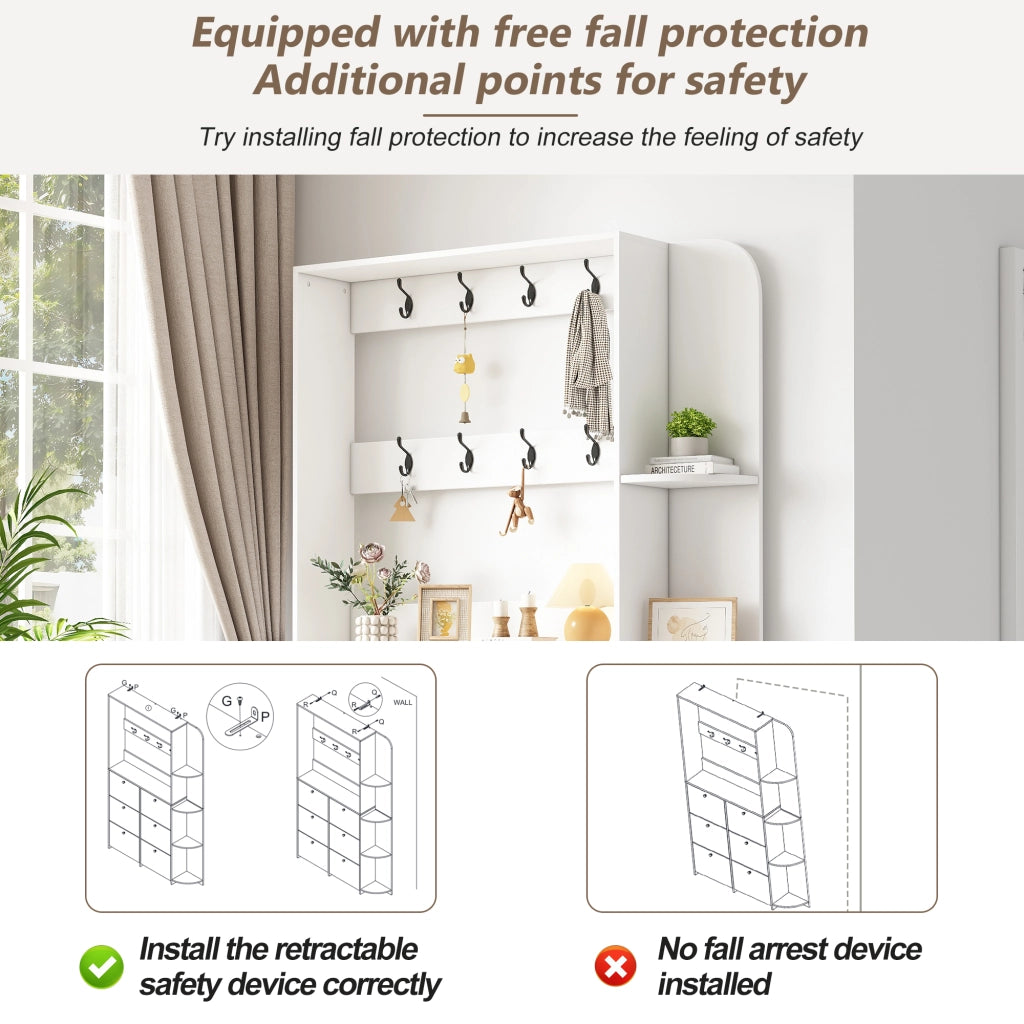 Mobile ingresso con 6 scarpiere a ribalta; 8 ganci e 5 ripiani - 120x24x200 cm - bianco