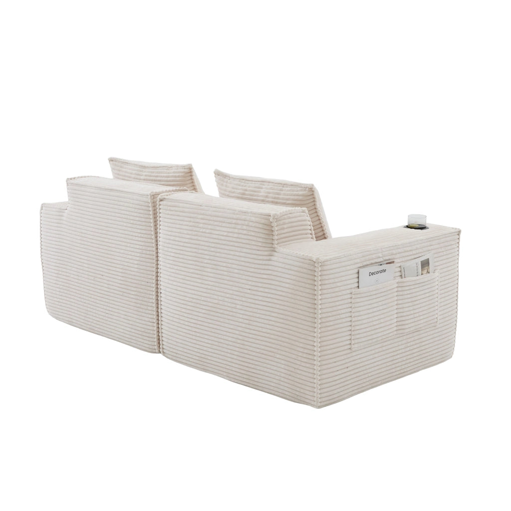 Divano modulare 2 posti con portabicchieri e tasche laterali in corduroy beige