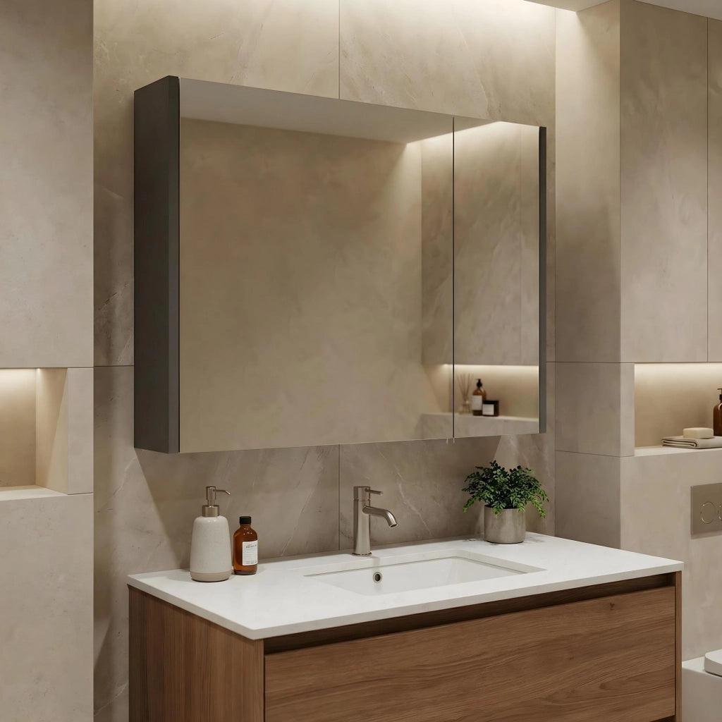 Mobile da bagno con specchio "Arno 80" - 79 x 16 x 66 cm - Grigio / Antracite