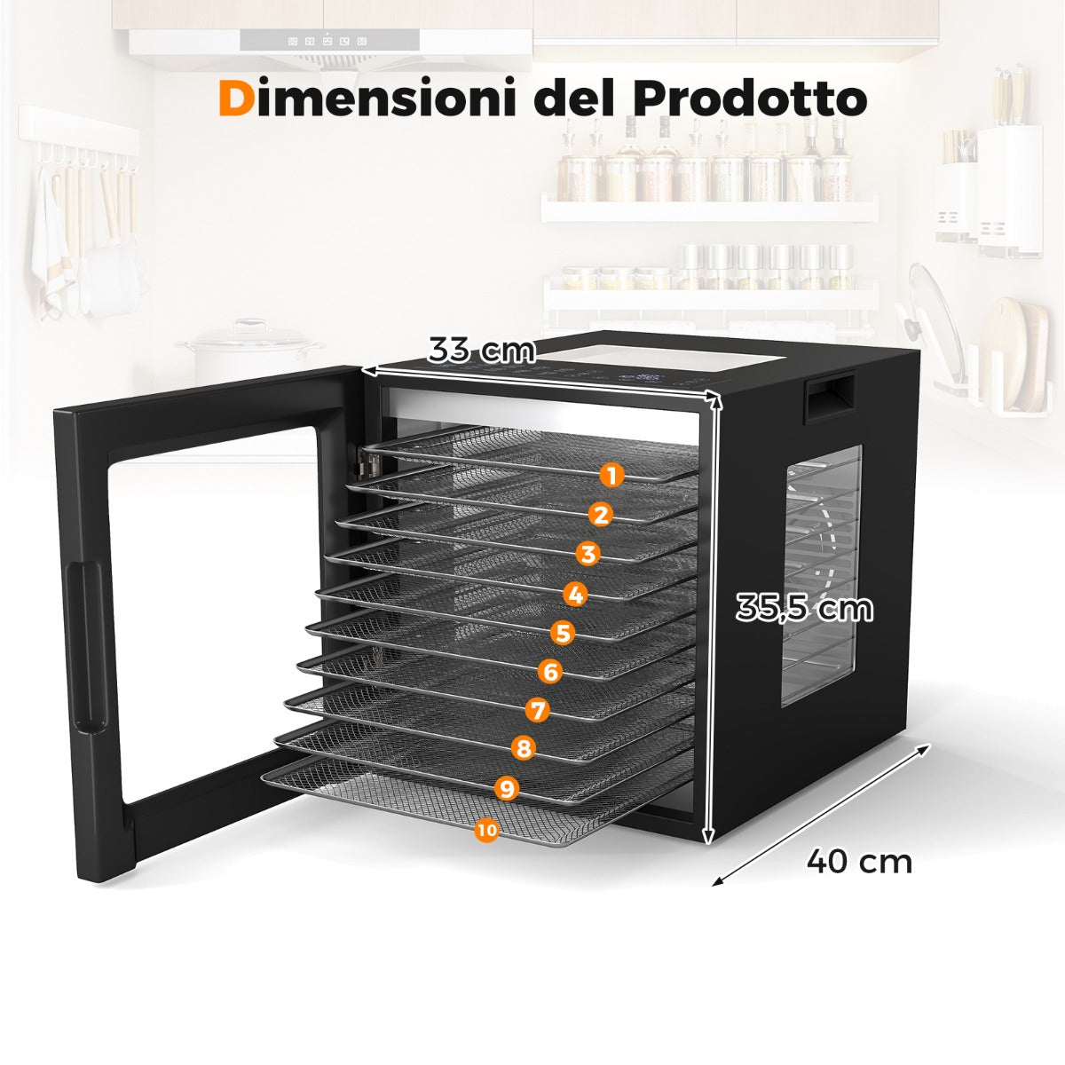 Disidratatore per cibo essiccatore in acciaio inox con 10 vassoi-Macchina essiccatore con 10 programmi preimpostati timer 48 ore