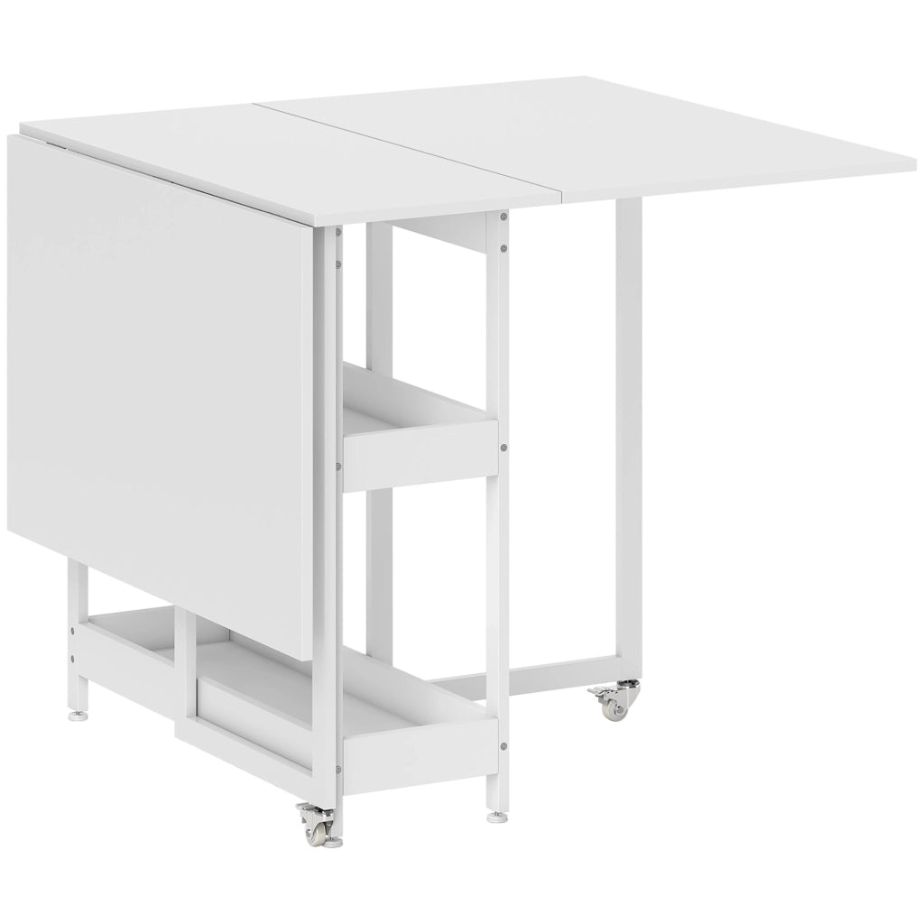 Tavolo Pieghevole a 2 Ribalte per 4 Persone 133,4x80x75 cm con 2 Ripiani Aperti in Legno e Metallo Bianco