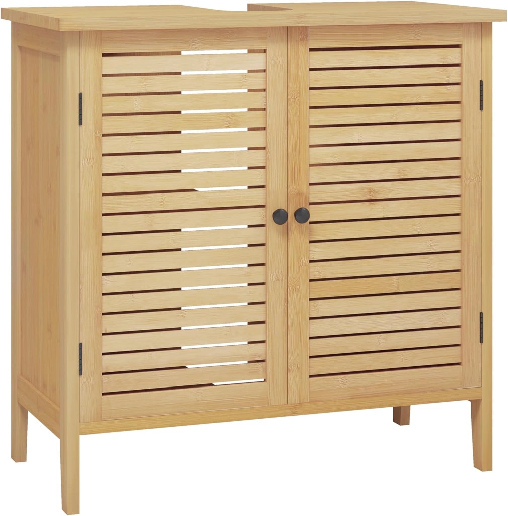 Armadio Sottolavabo in Bambù per Bagno, Organizzatore per Accessori da Bagno, Resistente all'Umidità, Traspirante, con Sifone 20x10 cm, Ripiano Regolabile, 60x30x60 cm