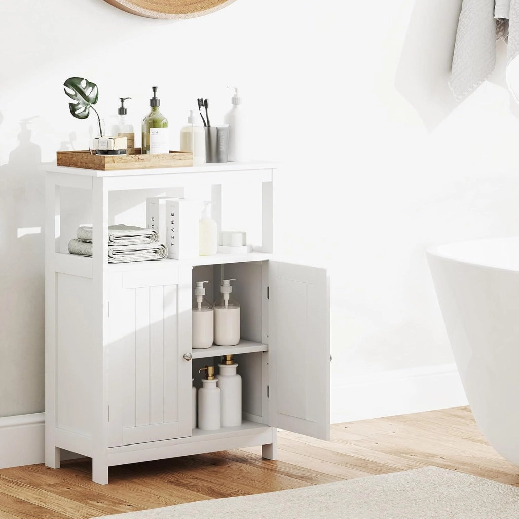 Armadietto da bagno con ripiano aperto e doppia porta, 60 x 30 x 80 cm, con sistema di sicurezza ribaltabile, armadietto multiuso per soggiorno, bagno e cucina (bianco)