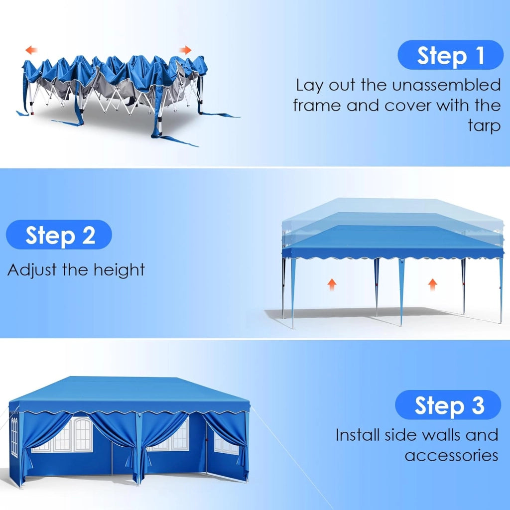 Gazebo 3x6 Pieghevole Impermeabile, Gazebo Esterno Resistente, Pergola con 4 Pannelli Laterali, 420D Oxford, Protezione UV 50+, Spiaggia, Cortile, Giardino, Campeggio, Matrimonio, Fiera, Blu