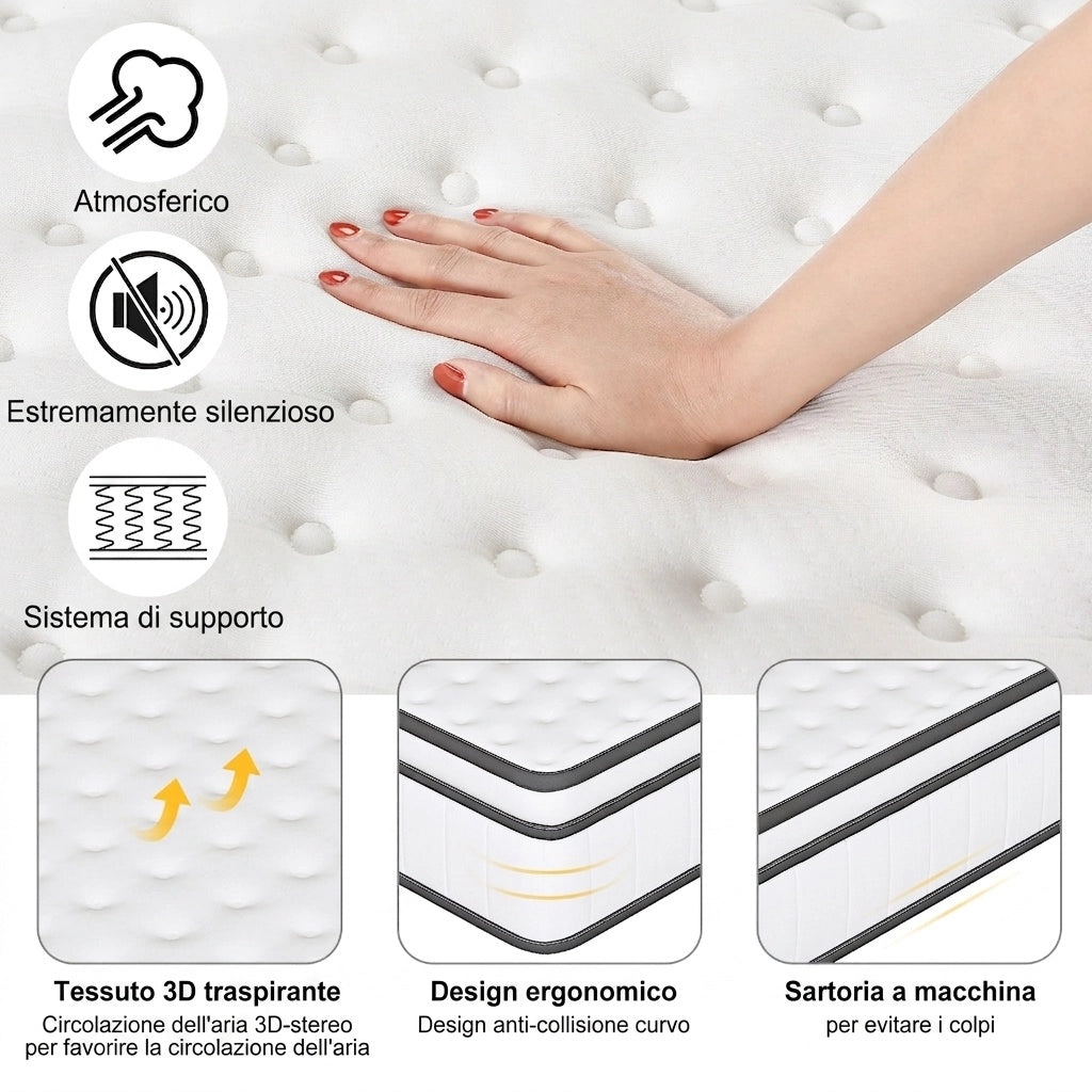 Materasso una piazza e mezza 140x200 cm 25 cm a molle insacchettate 7 zone H2 memory foam 3D Oeko-Tex ortopedico - bianco