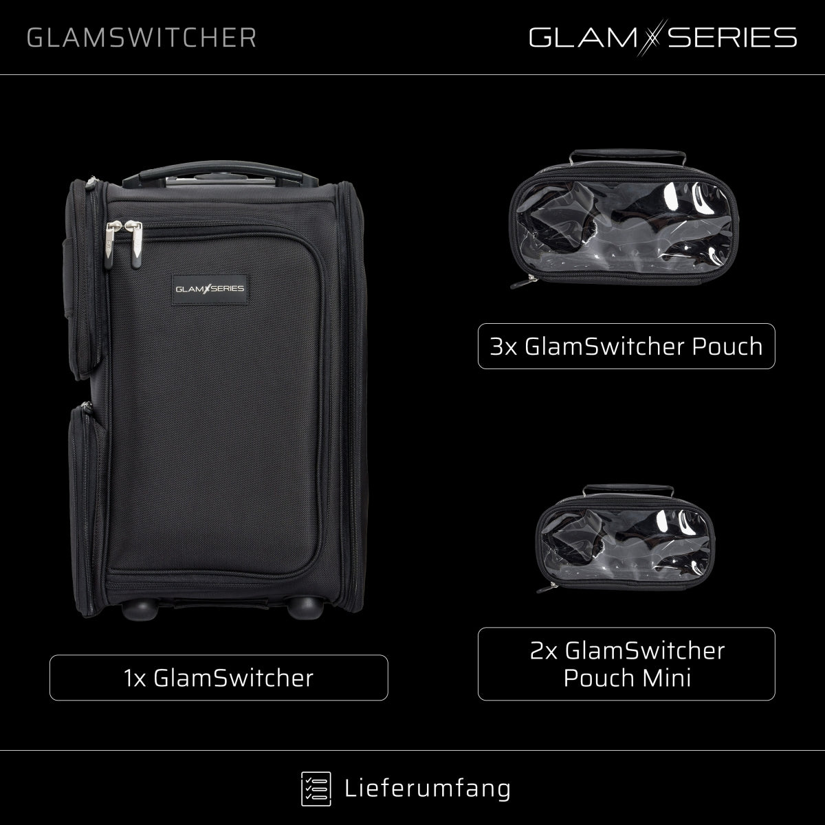 GlamSeries GlamSwitcher trolley e zaino in uno, valigia per trucco con 5 trousse, valigetta per make-up artist con scomparto con protezione termica, organizer per makeup artist, parrucchieri