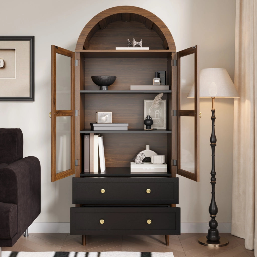 OKWISH Credenza Contenitore con Ripiani Regolabili e Anta in Vetro Rigato, Stile Retrò Moderno, MDF, Noce