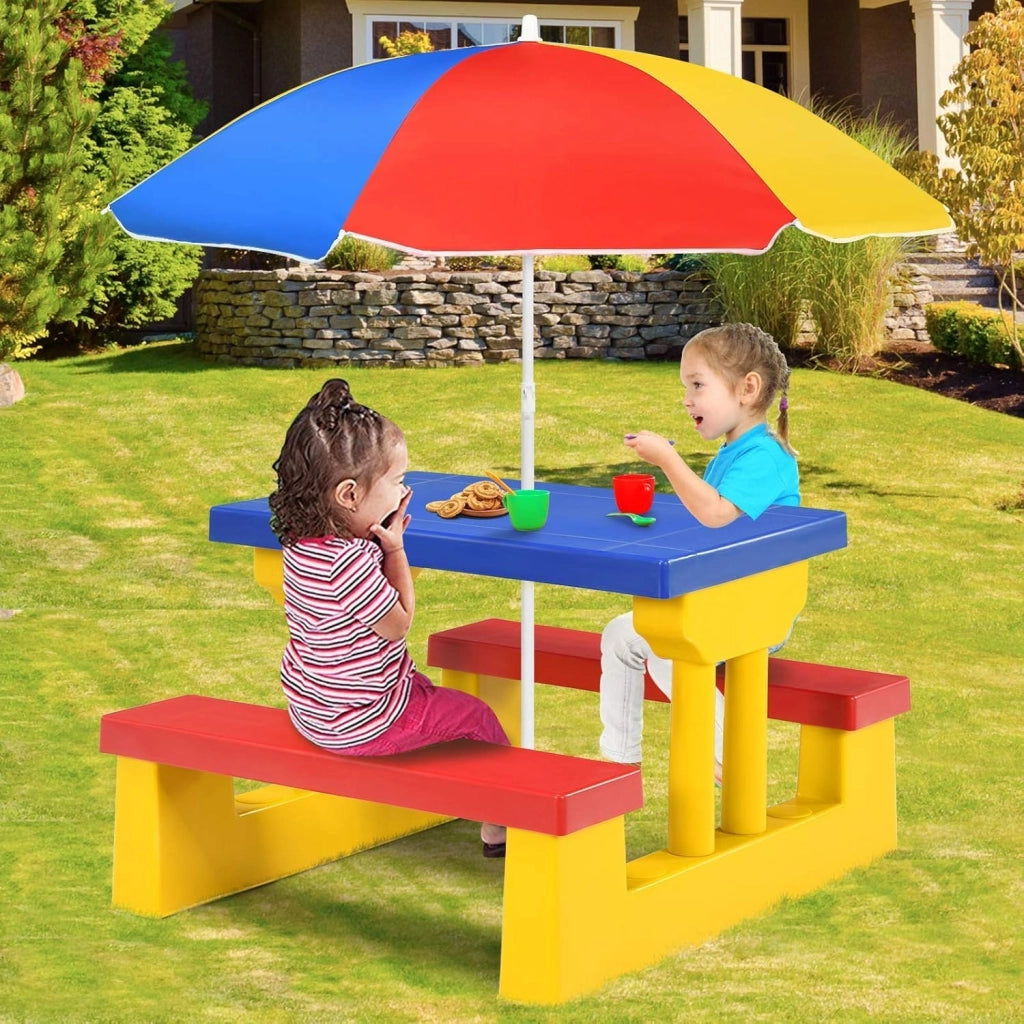 Tavolo da Picnic per Bambini con Parasole Pieghevole, Set di Tavolo e Panche per Festa e Picnic (Colore 1)