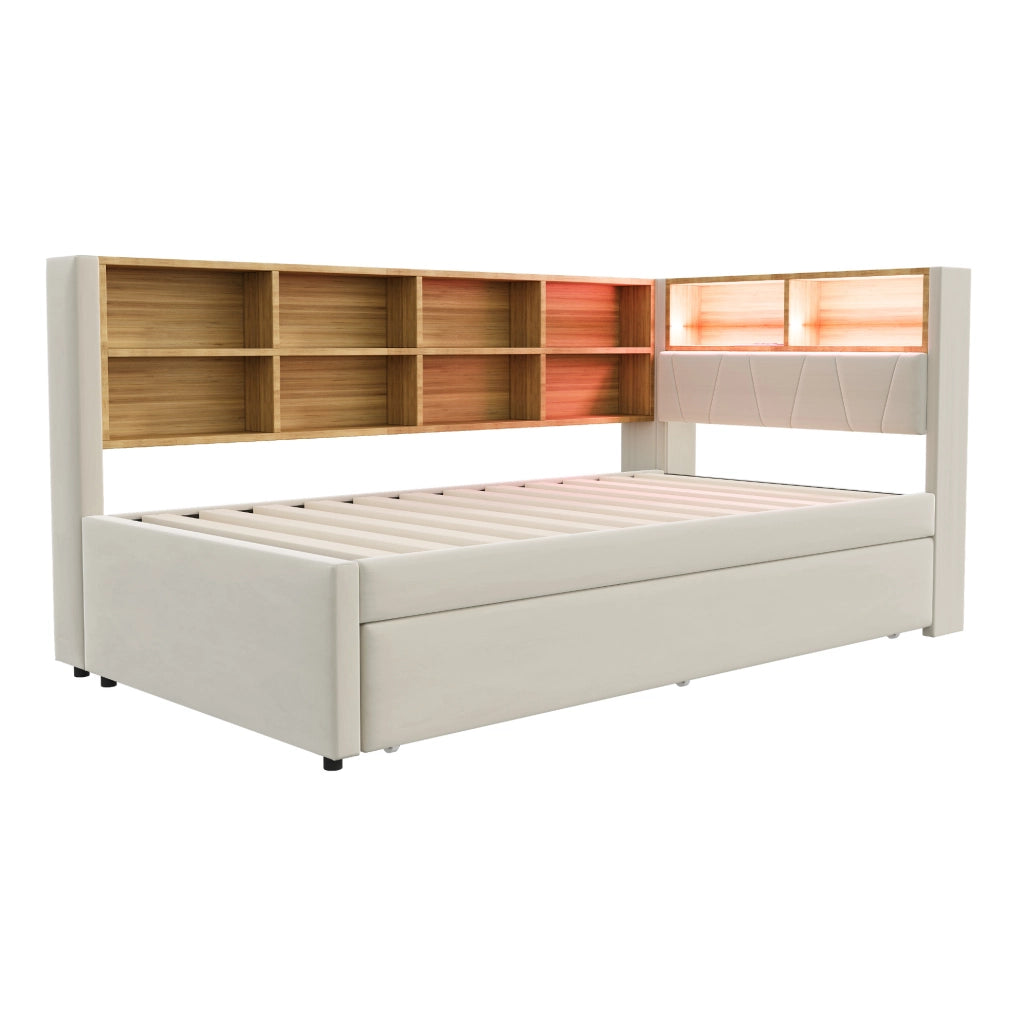 Divano letto 90x200 cm con letto estraibile 90x190 cm, LED e USB-C in flanella beige