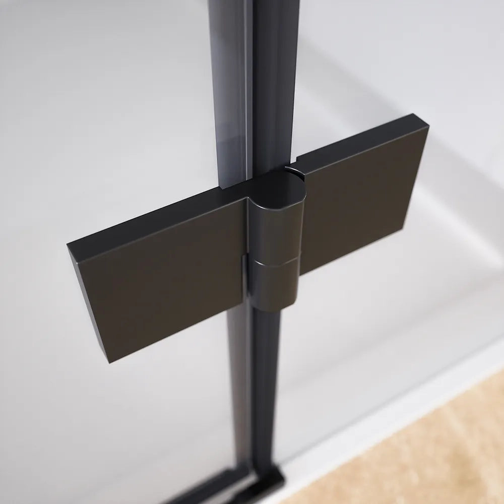 Porta doccia 110cm apertura a battente lato destro con cerniere, profili nero opaco e vetro da 8mm trasparente h195 | Fiji