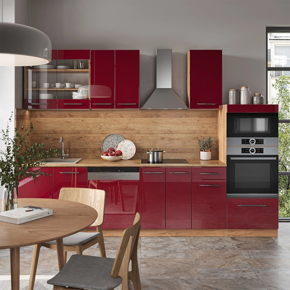 Cucina componibile Fame-Line Bordeaux lucido/Rovere dorato 300 cm con armadio alto, PL Marmo Vicco